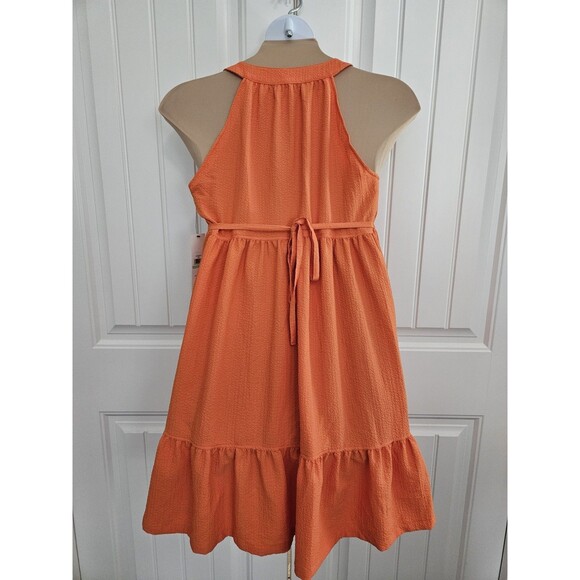 Calvin Klein Crepe Halter V Neck Tie Back Tiered Orange Tropical Dress Sz 8 NWT - Picture 4 of 8